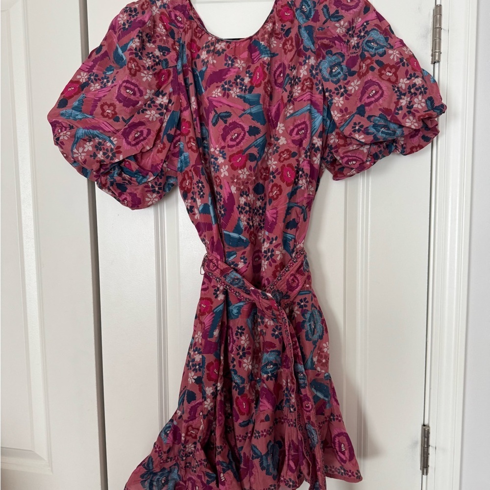 FARM RIO Birds Blush Floral Puff Sleeve Belted Cotton Blend Dress Size XL - Picture 4 of 8